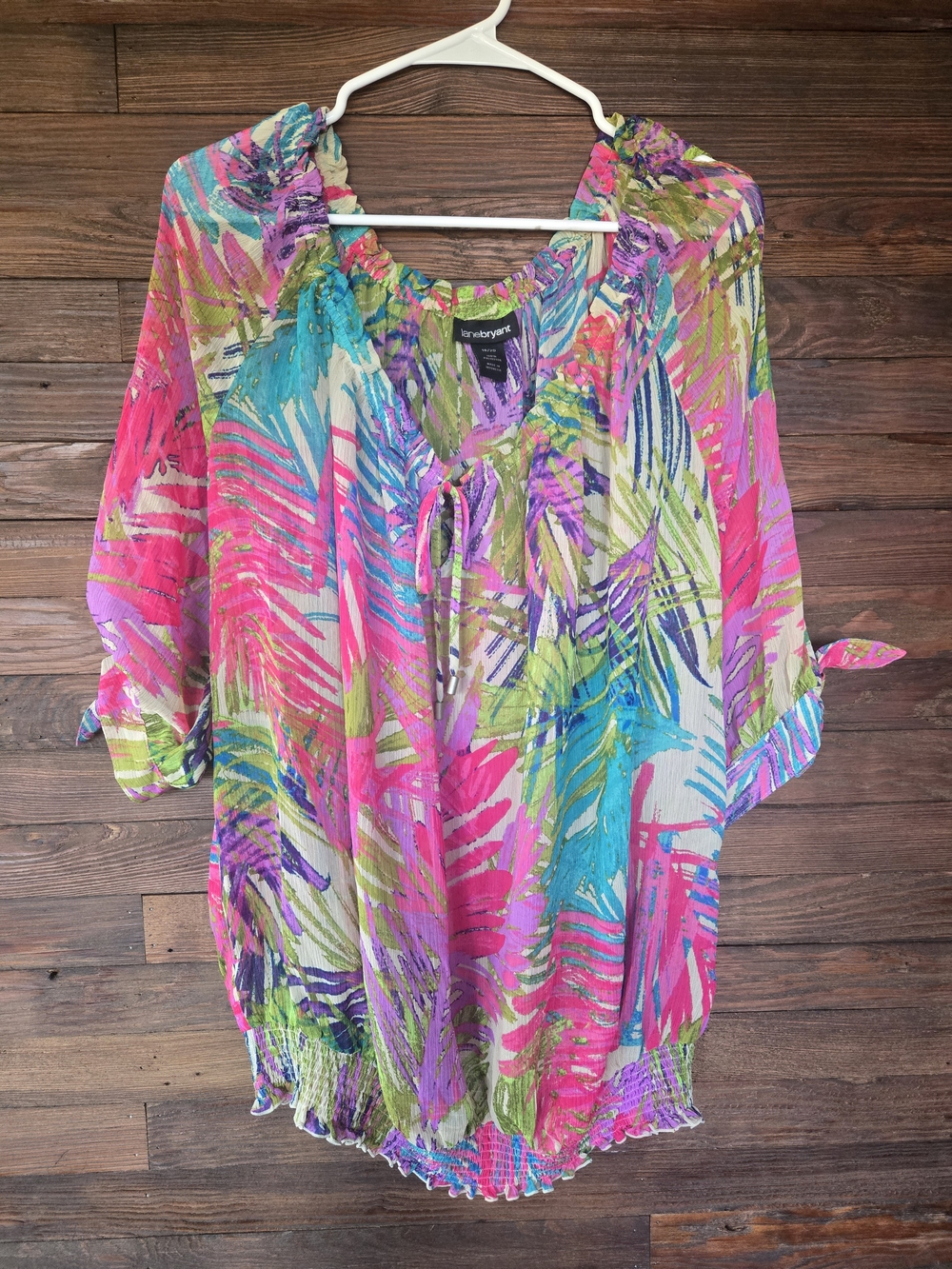 Lane Bryant Multicolor Tropical Tie-Neck Tunic - Pink, Turquoise, Green, Purple